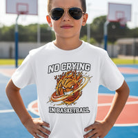 No Crying in Basketball Funny Flame Skull Sports T-Shirt WHITE - FRONT