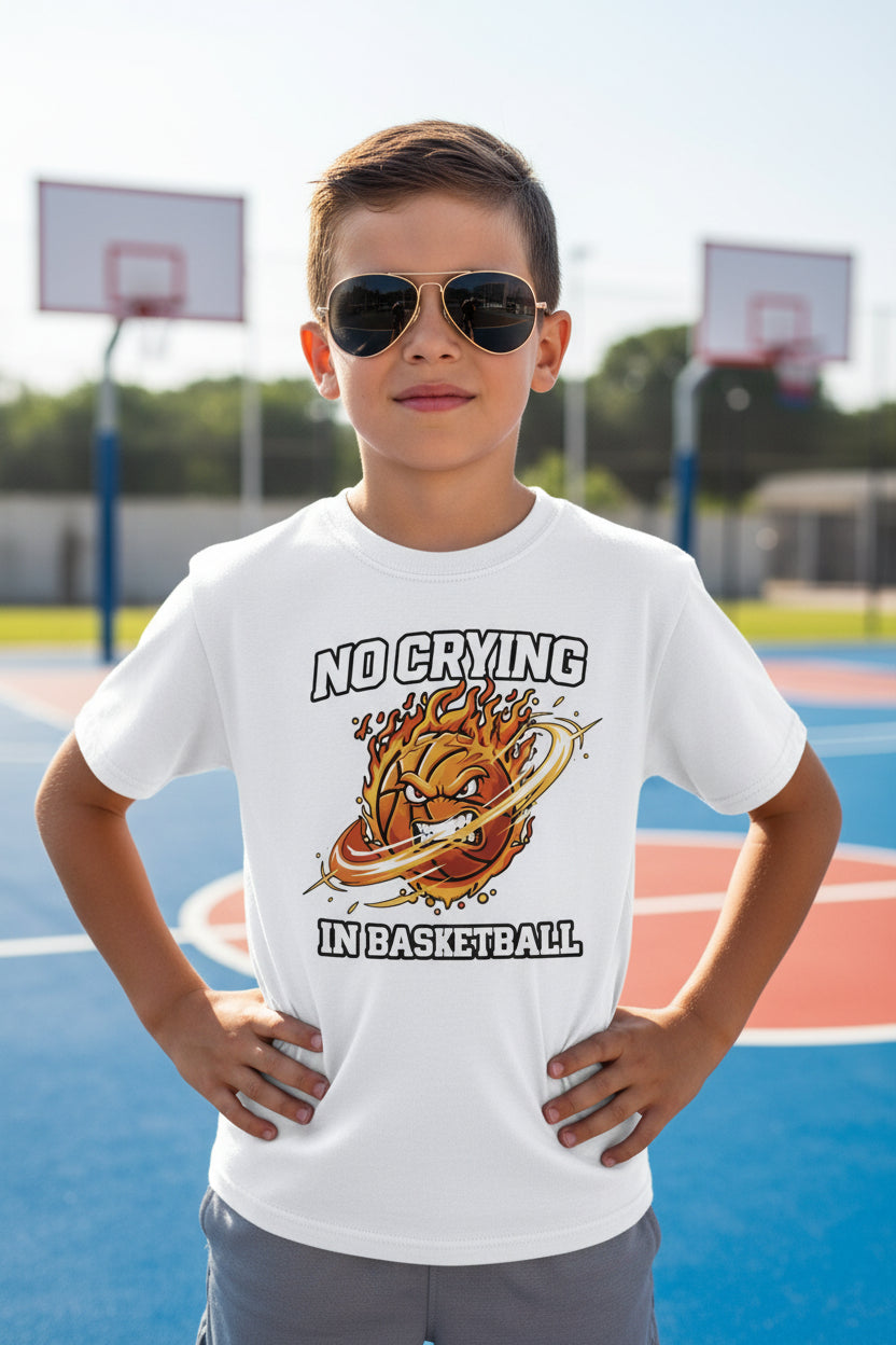 No Crying in Basketball Funny Flame Skull Sports T-Shirt WHITE - FRONT