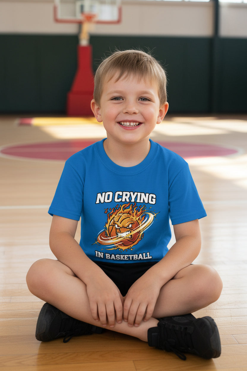 No Crying in Basketball Funny Flame Skull Sports T-Shirt Royal - FRONT