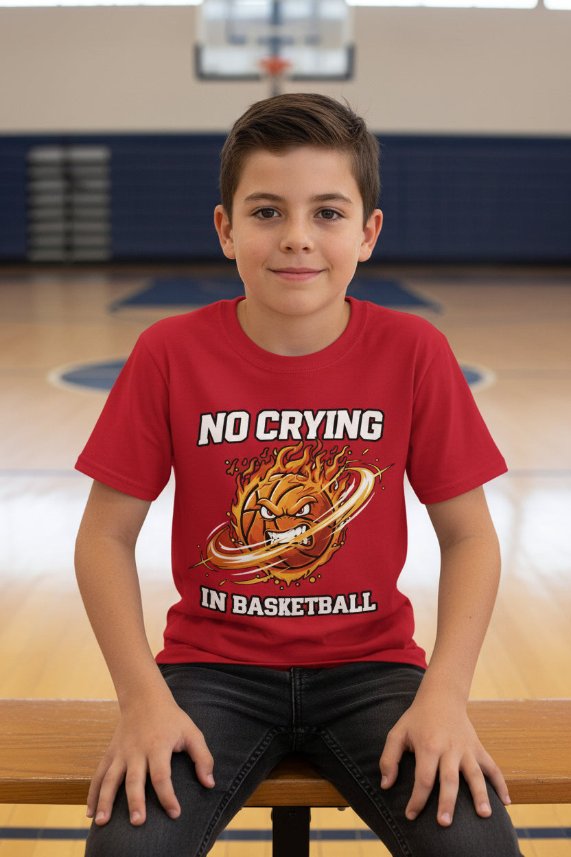 No Crying in Basketball Funny Flame Skull Sports T-Shirt Red - FRONT
