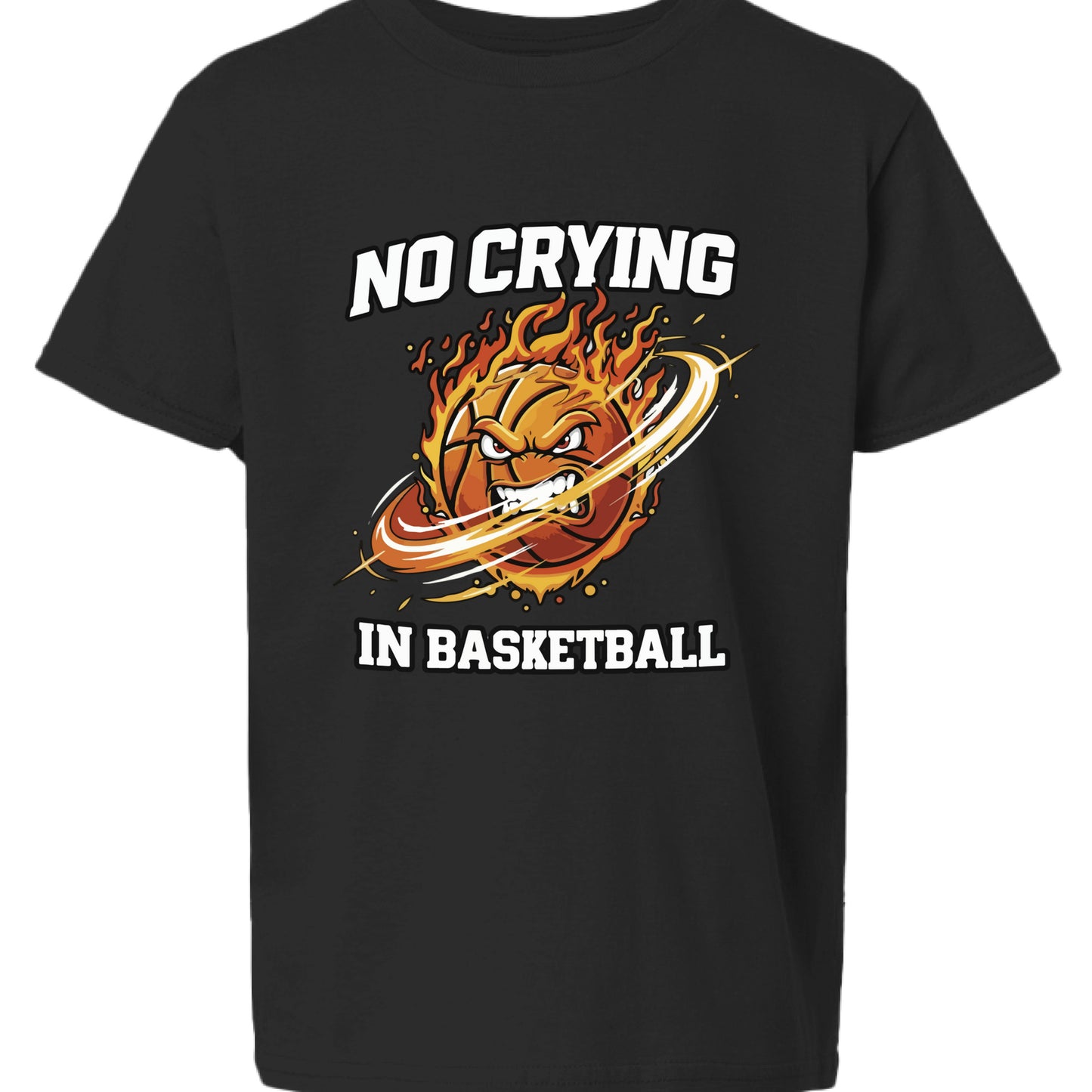 No Crying in Basketball Funny Flame Skull Sports T-Shirt Black- FRONT