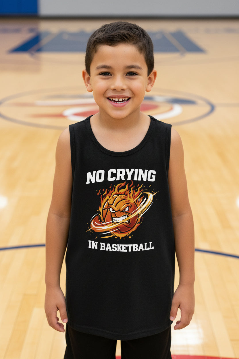 No Crying in Basketball Funny Flame Skull Sports Tank Top Solid Black Triblend - FRONT