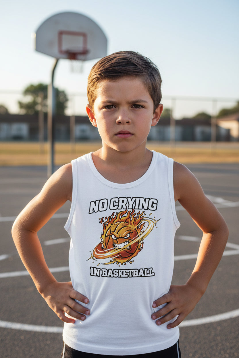 No Crying in Basketball Funny Flame Skull Sports Tank Top Solid White Triblend - FRONT