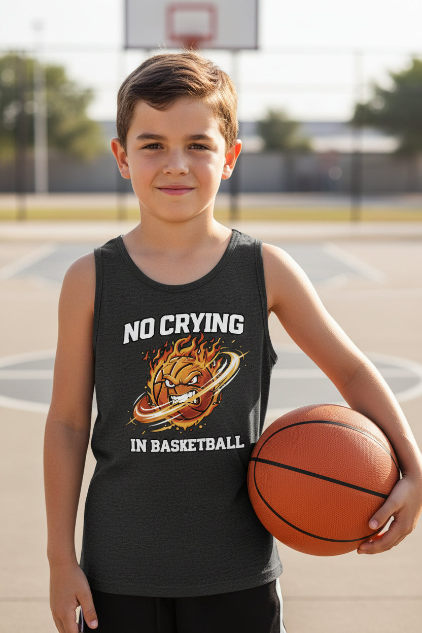 No Crying in Basketball Funny Flame Skull Sports Tank Top DARK GREY HEATHER - FRONT