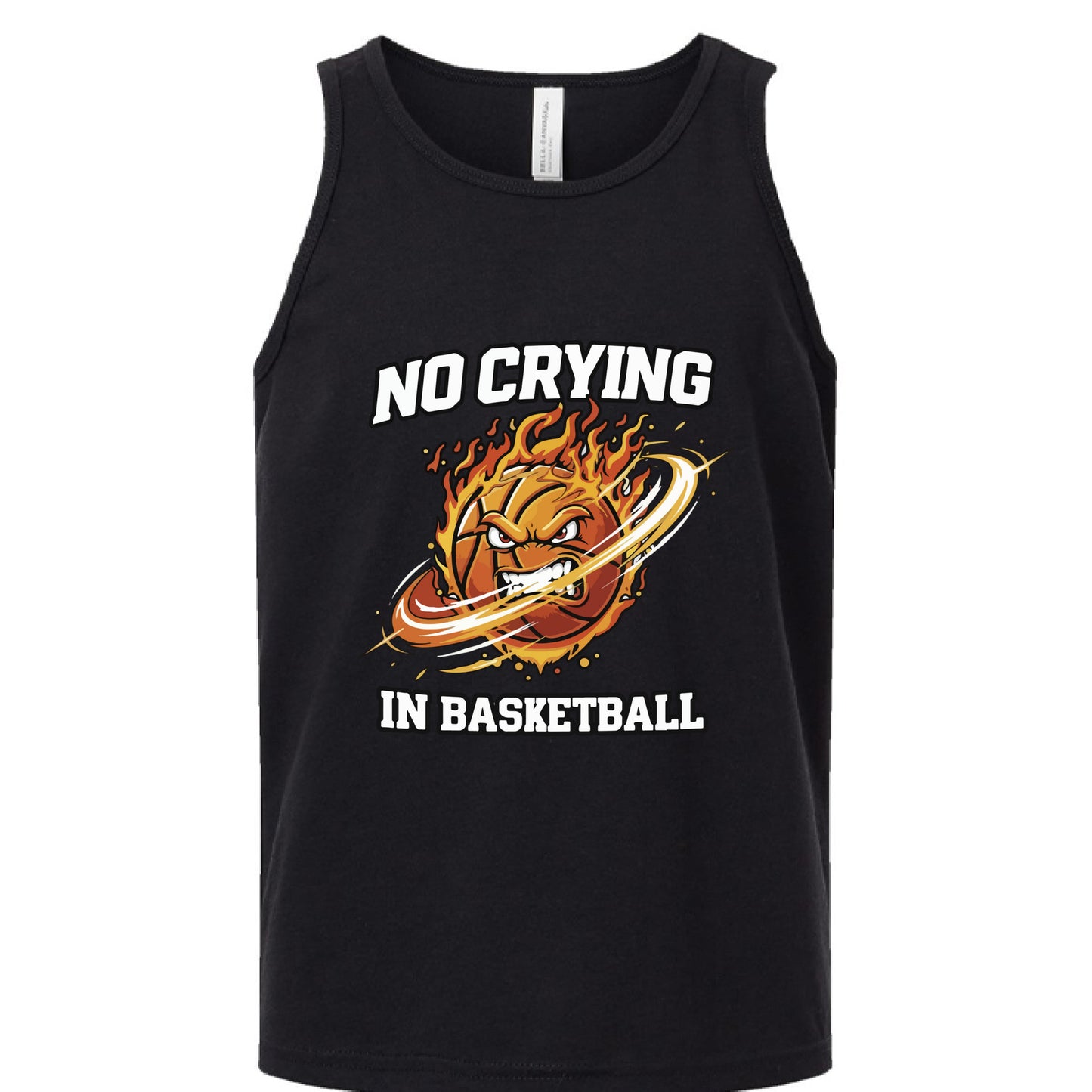 No Crying in Basketball Funny Flame Skull Sports Tank Top Solid Black Triblend - FRONT