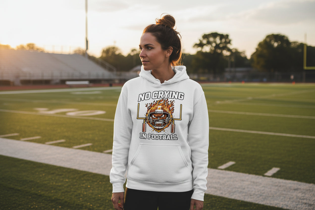 No Crying in Football – Fierce Sports Hoodie Statement for Ladies WHITE - FRONT