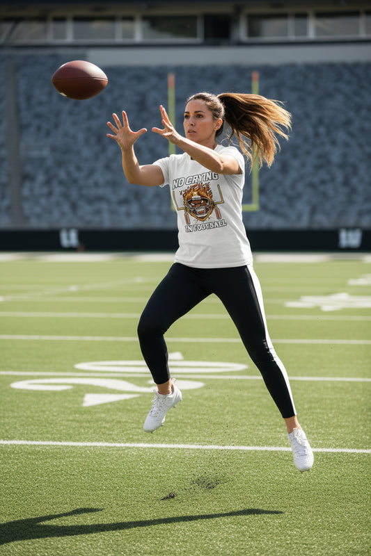 No Crying in Football – Fierce Sports T-Shirt Statement for Ladies WHITE - FRONT