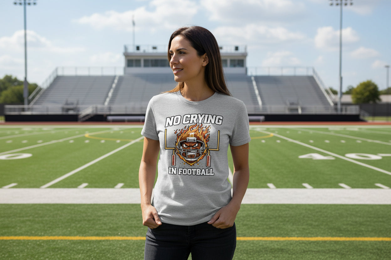 No Crying in Football – Fierce Sports T-Shirt Statement for Ladies ATHLETIC HEATHER - FRONT