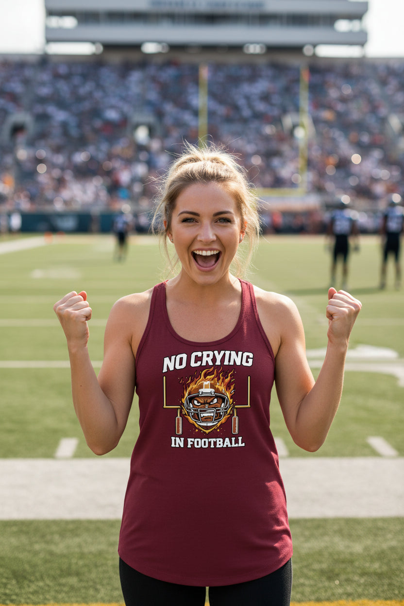 No Crying in Football – Fierce Sports Tank Top Statement for Ladies Scarlet - FRONT