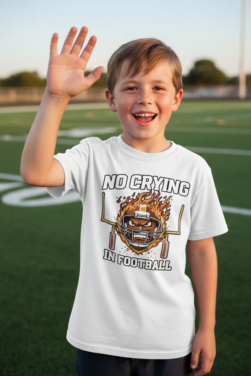 No Crying in Football Funny Flame Skull Sports T-Shirt WHITE - FRONT
