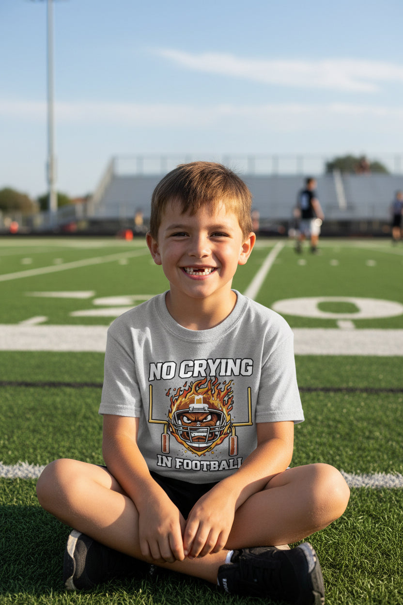 No Crying in Football Funny Flame Skull Sports T-Shirt Sport Grey - FRONT
