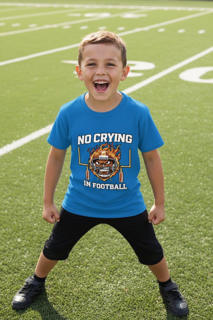 No Crying in Football Funny Flame Skull Sports T-Shirt Royal - FRONT