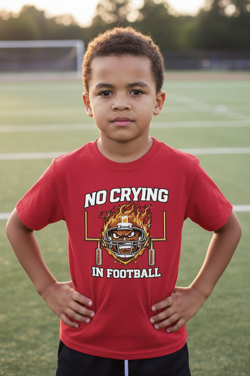 No Crying in Football Funny Flame Skull Sports T-Shirt Red - FRONT