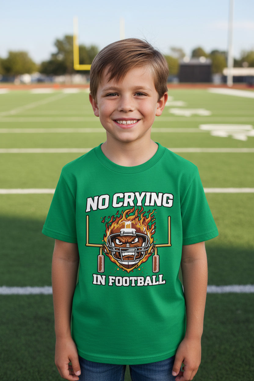 No Crying in Football Funny Flame Skull Sports T-Shirt Irish Green - FRONT