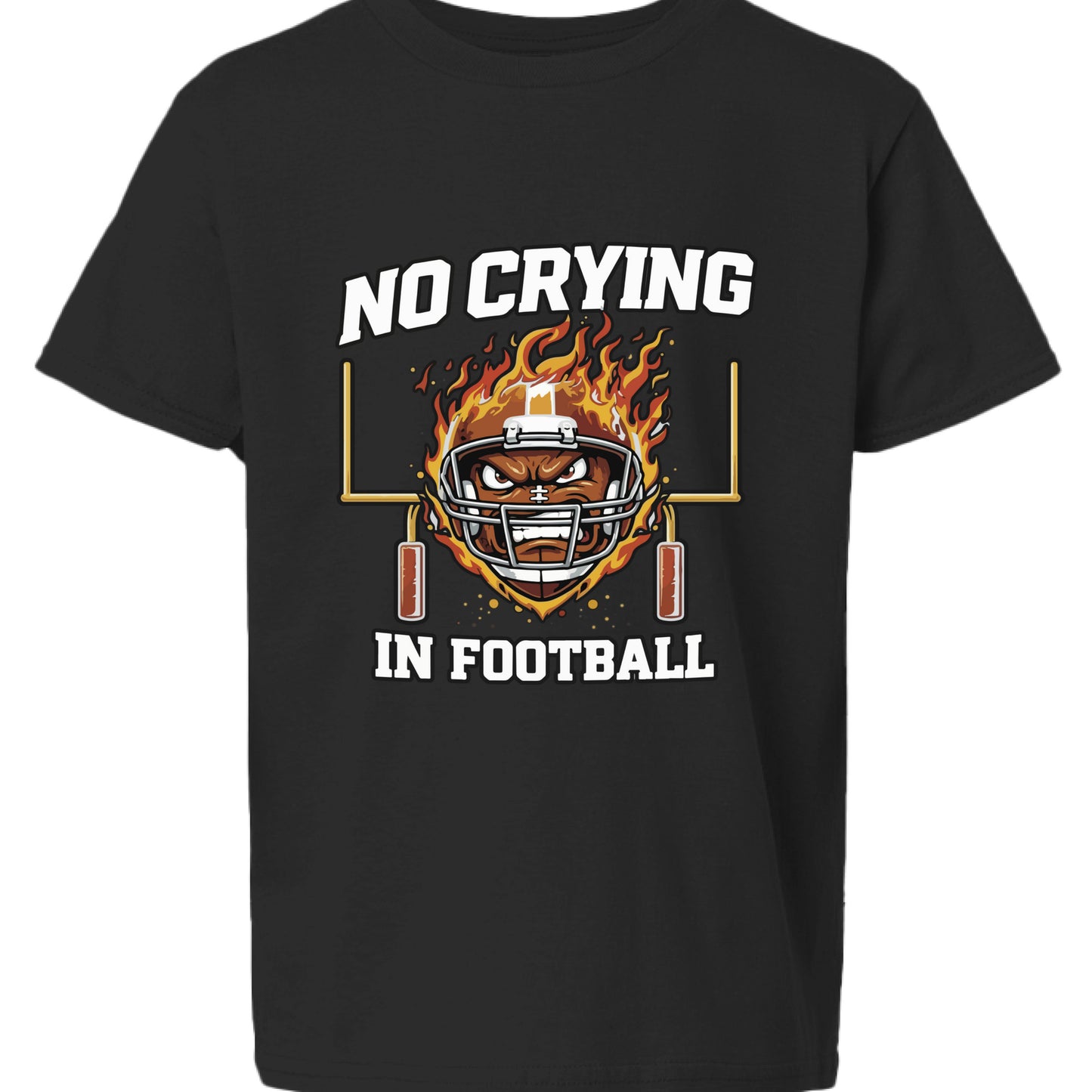 No Crying in Football Funny Flame Skull Sports T-Shirt Black- FRONT