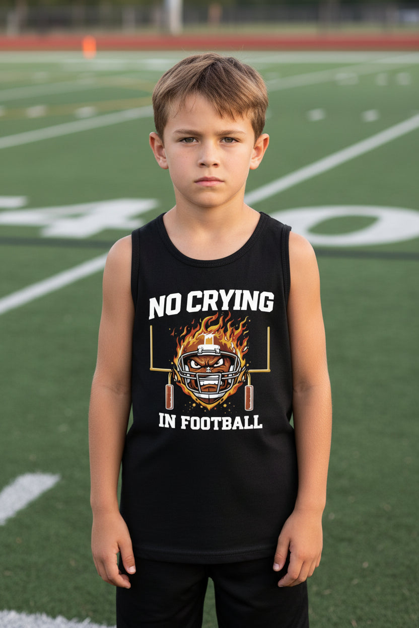 No Crying in Football Funny Flame Skull Sports Tank Top Solid Black Triblend - FRONT