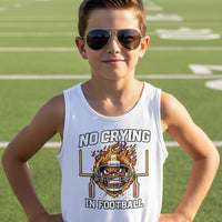 No Crying in Football Funny Flame Skull Sports Tank Top Solid White Triblend - FRONT