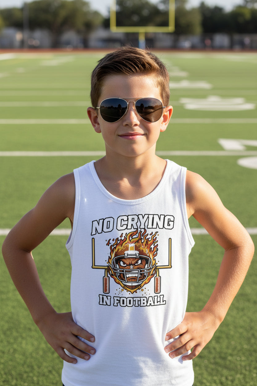 No Crying in Football Funny Flame Skull Sports Tank Top Solid White Triblend - FRONT