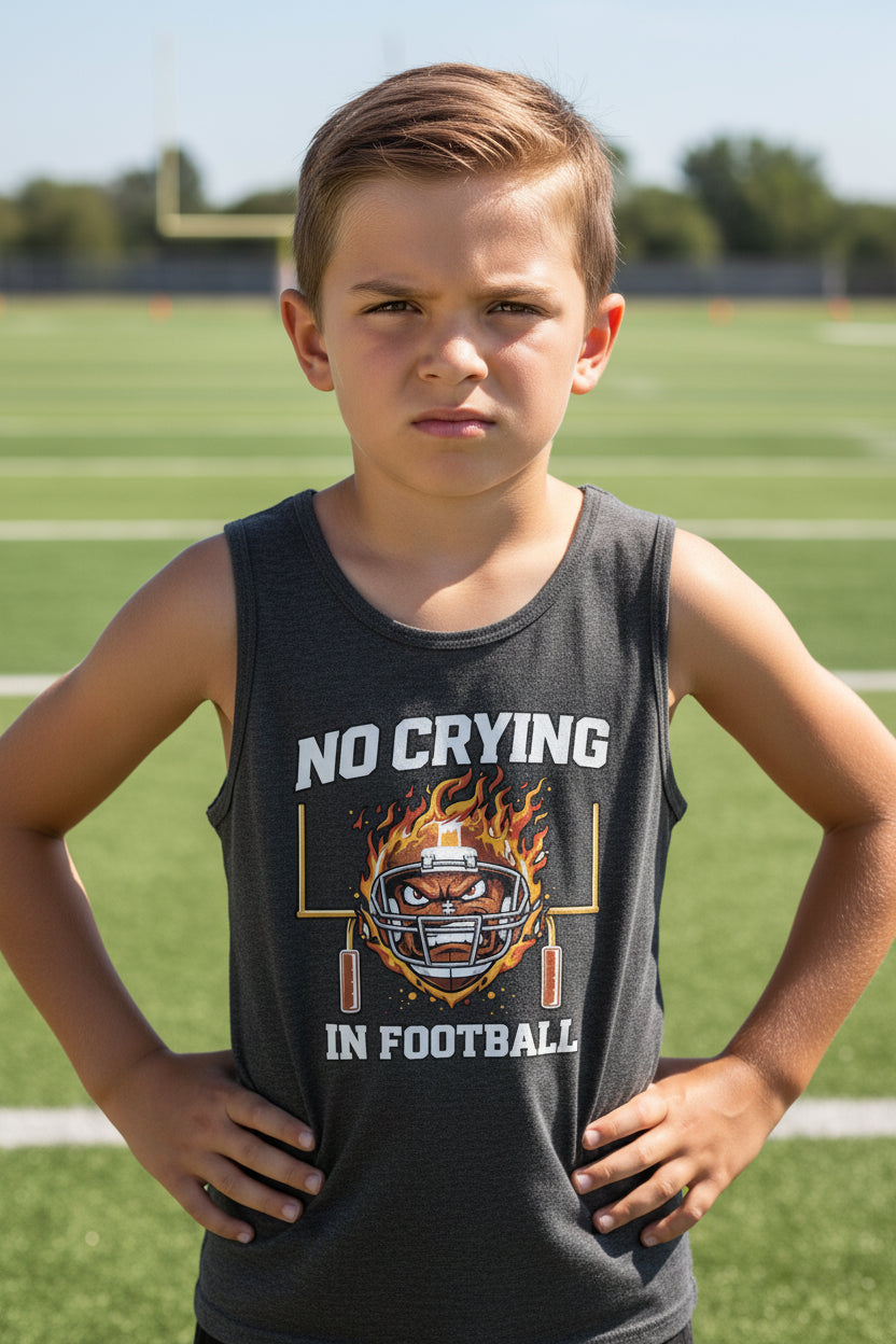 No Crying in Football Funny Flame Skull Sports Tank Top DARK GREY HEATHER - FRONT