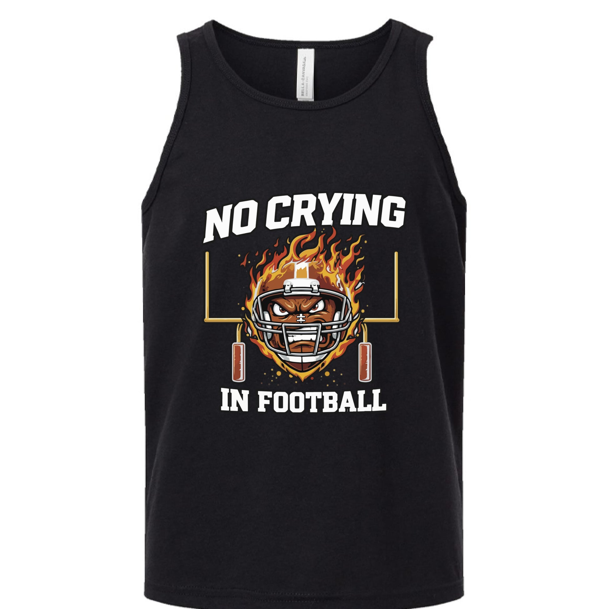 No Crying in Football Funny Flame Skull Sports Tank Top Solid Black Triblend - FRONT