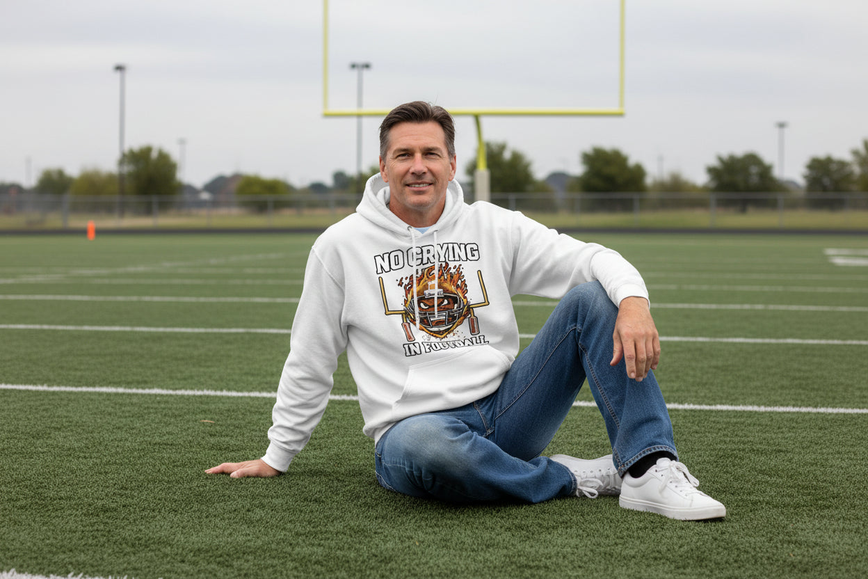 No Crying in Football Hoodie Dad Game Day Motivation Quote Mens  WHITE - FRONT