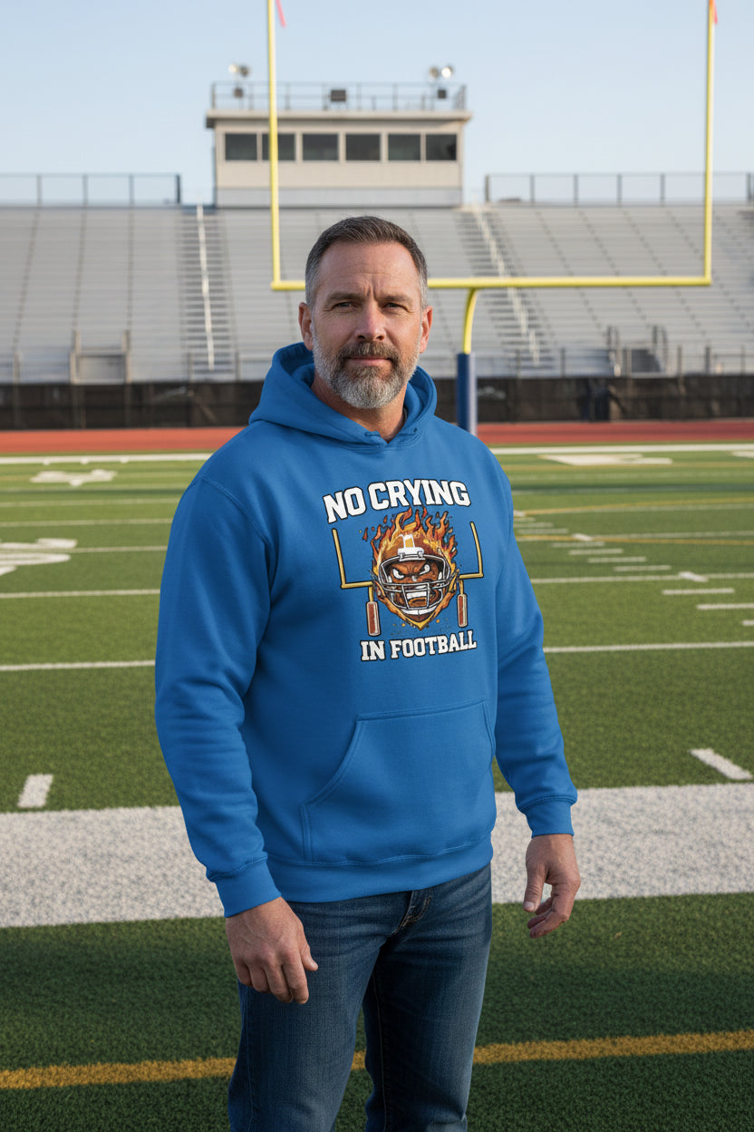 No Crying in Football Hoodie Dad Game Day Motivation Quote Mens  Royal - FRONT
