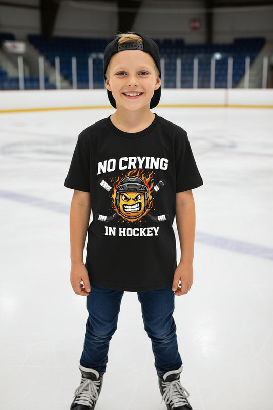 No Crying in Hockey Funny Flame Skull Sports T-Shirt Black - FRONT