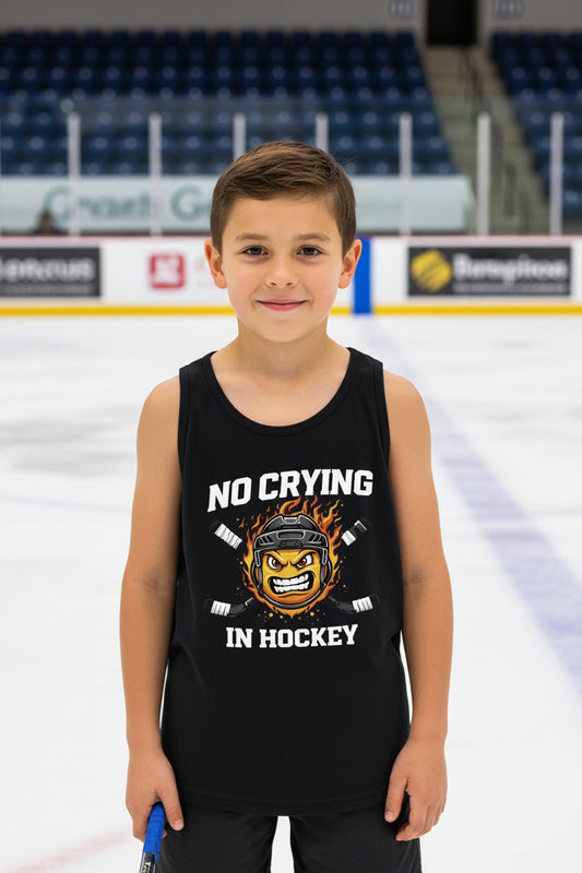 No Crying in Hockey Funny Flame Skull Sports Tank Top Solid Black Triblend - FRONT