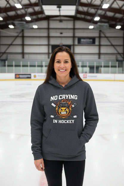 No Crying in Hockey Player Funny Hoodie for Ladies DARK HEATHER - FRONT