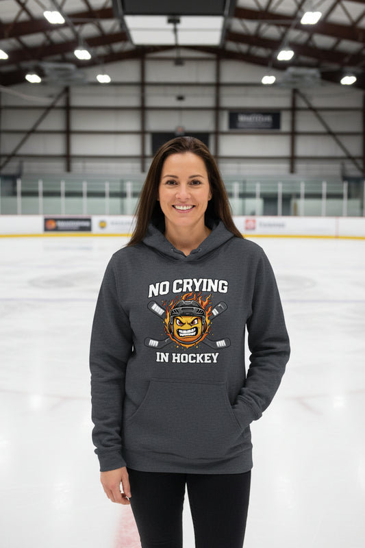 No Crying in Hockey Player Funny Hoodie for Ladies DARK HEATHER - FRONT