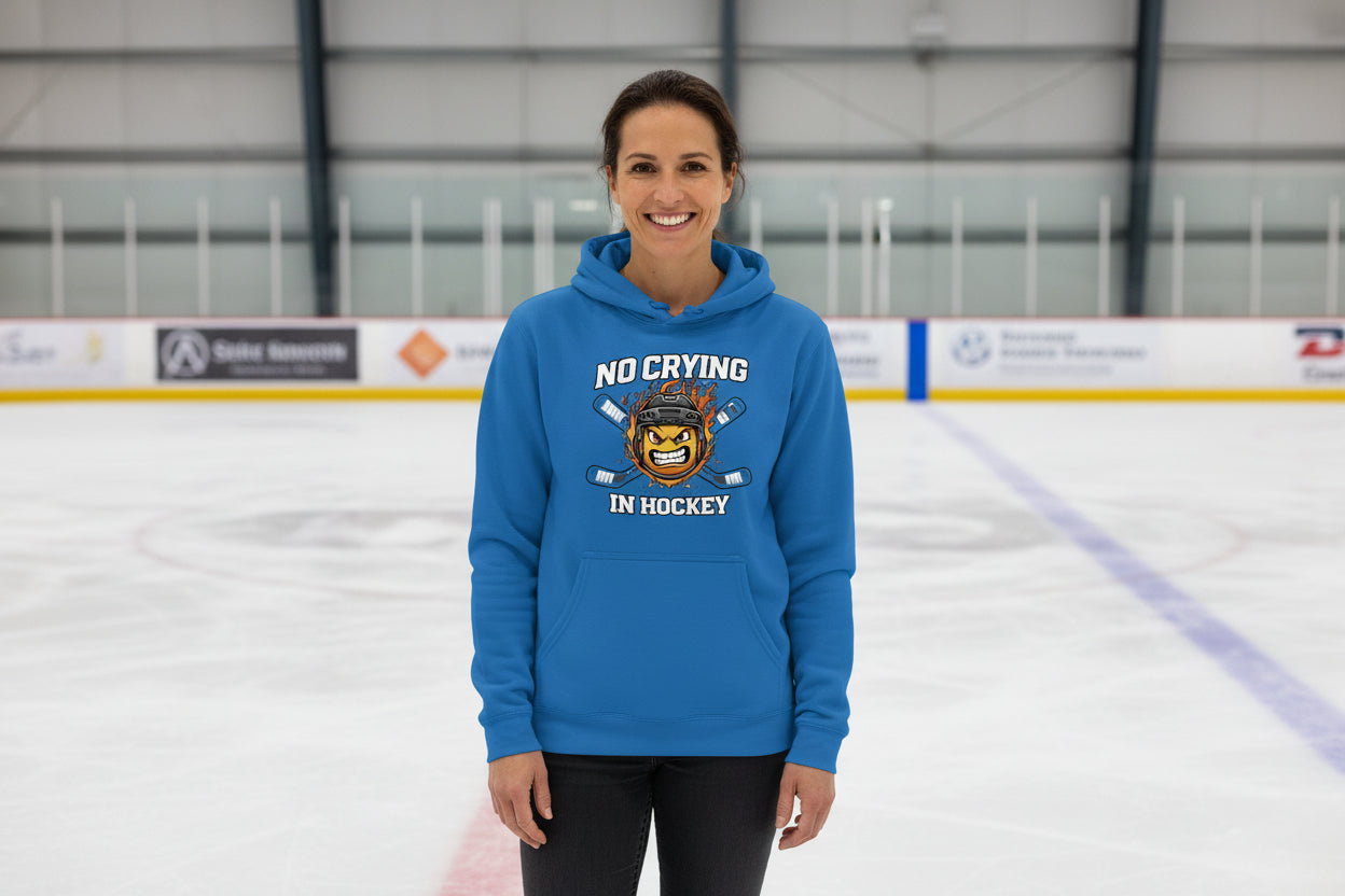 No Crying in Hockey Player Funny Hoodie for Ladies Royal - FRONT