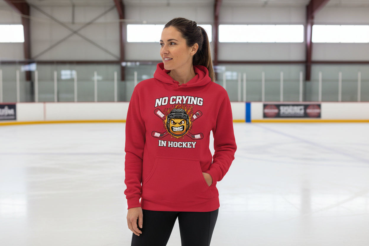 No Crying in Hockey Player Funny Hoodie for Ladies RED - FRONT