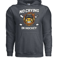 No Crying in Hockey Player Funny Hoodie for Ladies DARK HEATHER - FRONT 