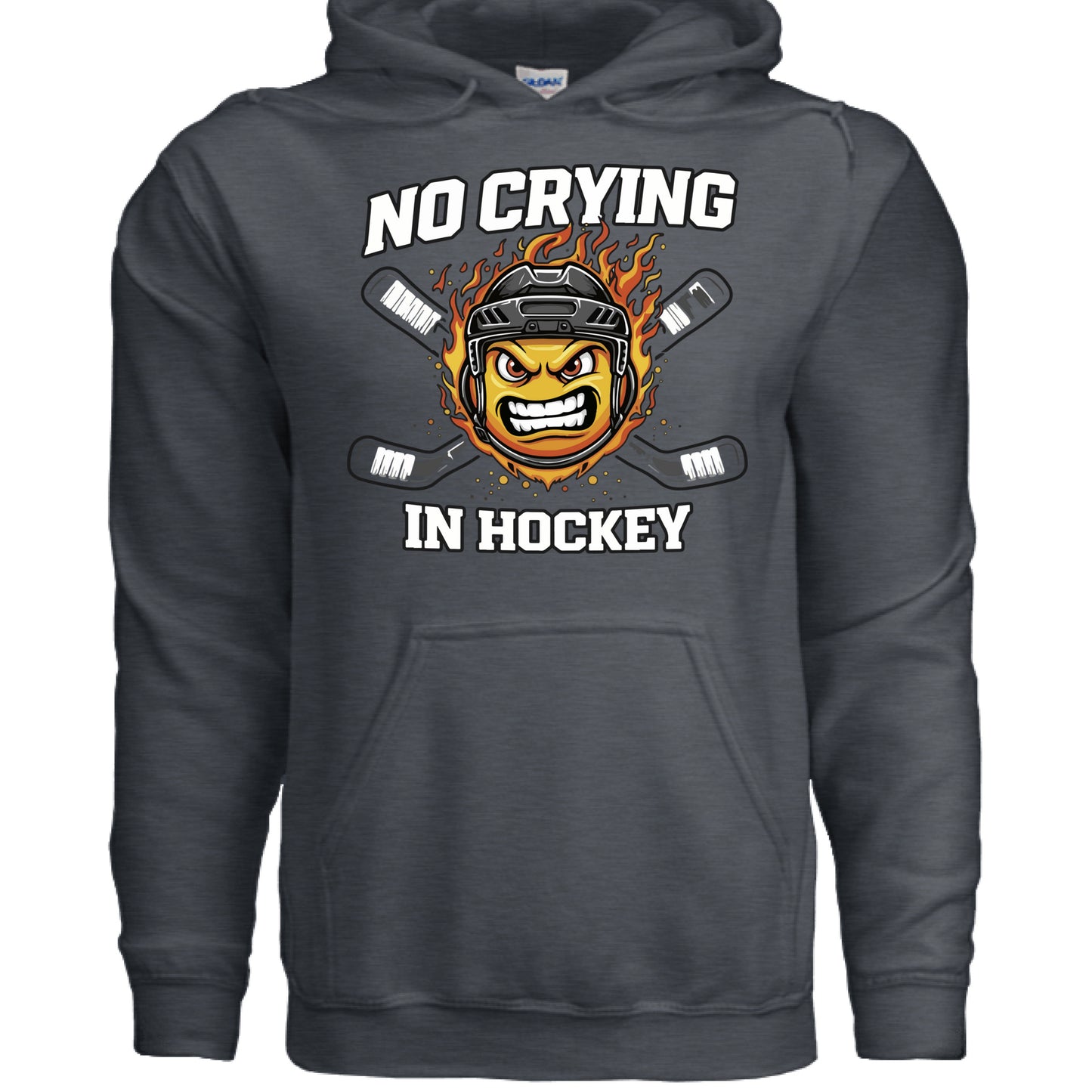 No Crying in Hockey Player Funny Hoodie for Ladies DARK HEATHER - FRONT 