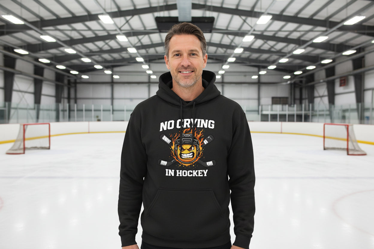 No Crying in Hockey Player Funny Hoodie for Men Humor Gift BLACK - FRONT