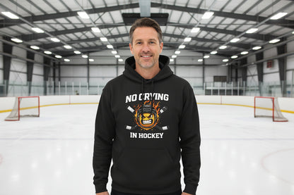 No Crying in Hockey Player Funny Hoodie for Men Humor Gift BLACK - FRONT