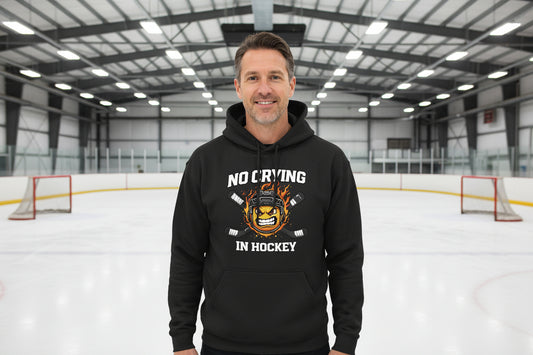 No Crying in Hockey Player Funny Hoodie for Men Humor Gift BLACK - FRONT