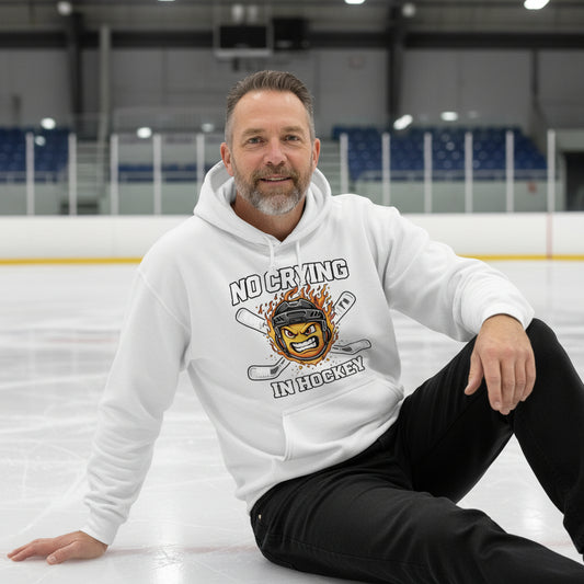 No Crying in Hockey Player Funny Hoodie for Men Humor Gift WHITE - FRONT