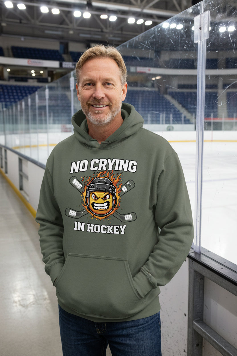 No Crying in Hockey Player Funny Hoodie for Men Humor Gift MILITARY GREEN - FRONT
