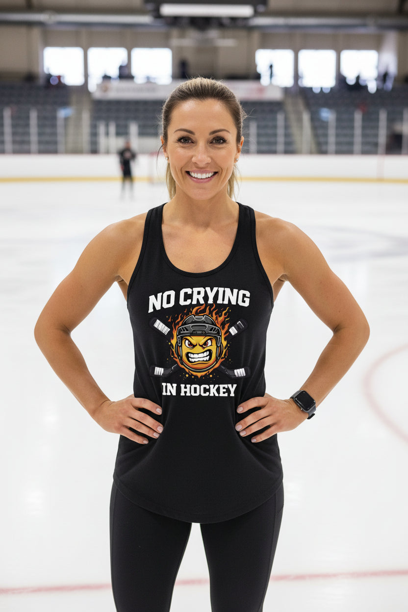 No Crying in Hockey Player Funny Tanktop for Ladies Black - FRONT