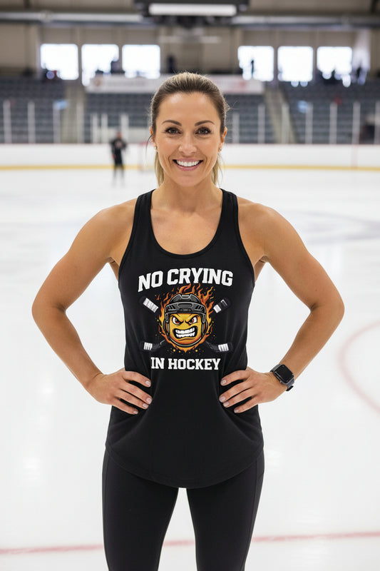No Crying in Hockey Player Funny Tanktop for Ladies Black - FRONT