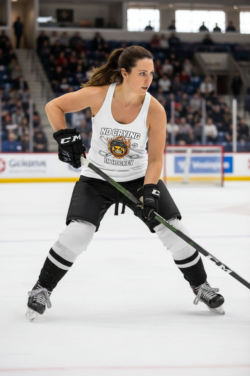 No Crying in Hockey Player Funny Tanktop for Ladies White - FRONT