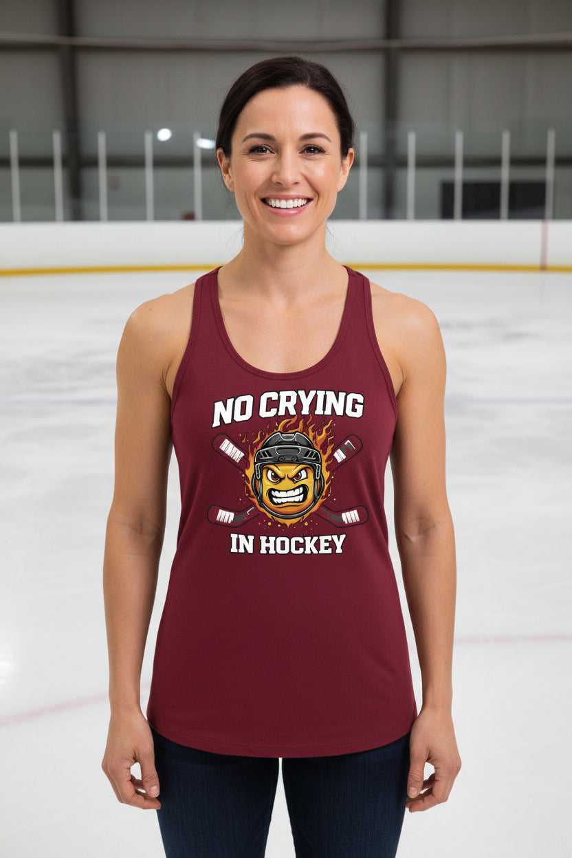 No Crying in Hockey Player Funny Tanktop for Ladies Scarlet - FRONT