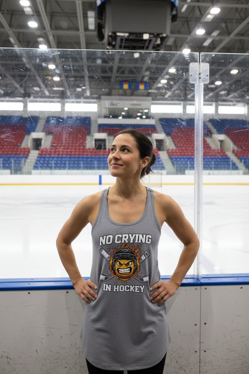 No Crying in Hockey Player Funny Tanktop for Ladies Heather Gray - FRONT
