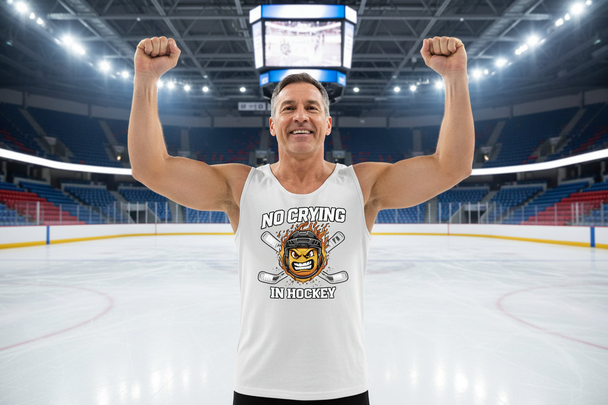 No Crying in Hockey Player Funny Tanktop for Men Humor Gift WHITE - FRONT