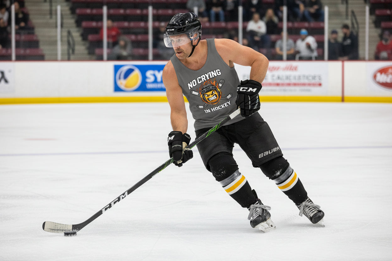 No Crying in Hockey Player Funny Tanktop for Men Humor Gift DARK GREY - FRONT