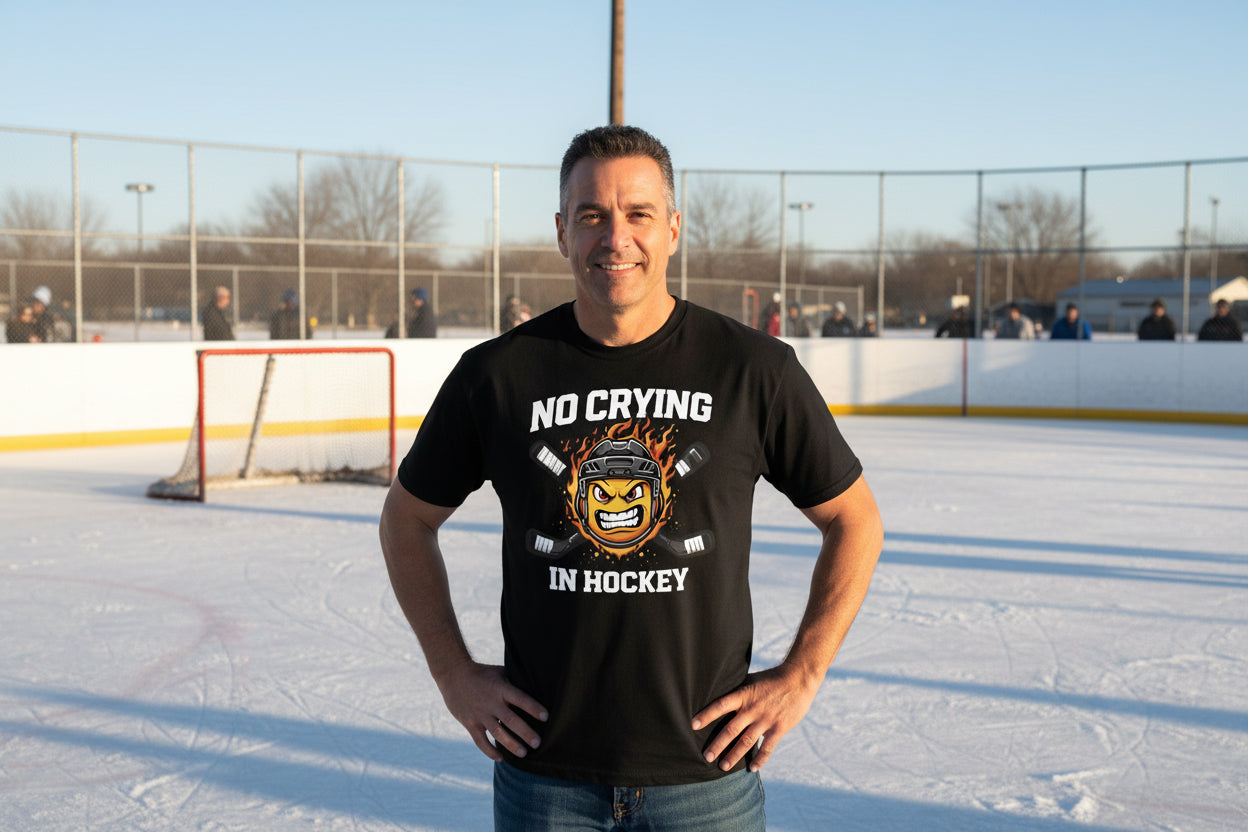 No Crying in Hockey Player Funny Tshirt for Men Humor Gift BLACK - FRONT