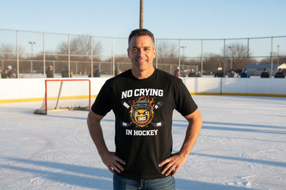 No Crying in Hockey Player Funny Tshirt for Men Humor Gift BLACK - FRONT