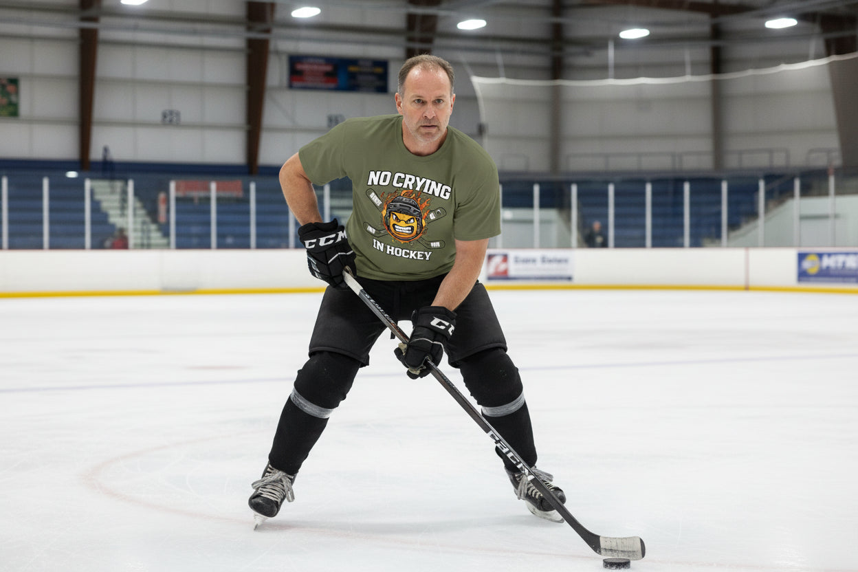 No Crying in Hockey Player Funny Tshirt for Men Humor Gift MILITARY GREEN - FRONT