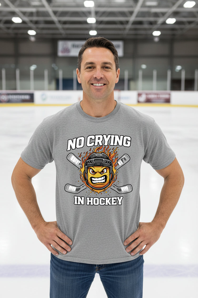No Crying in Hockey Player Funny Tshirt for Men Humor Gift HEATHER GRAY - FRONT
